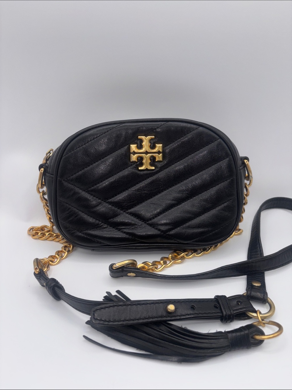 Tory Burch Black Quilted Leather Crossbody with Gold Logo and Chain